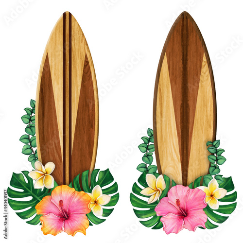 surf boards and tropical flowers