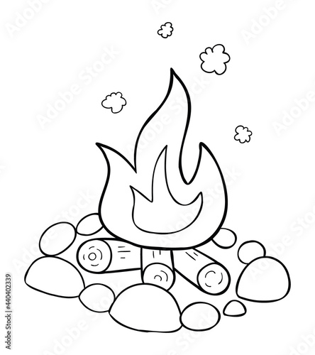 Cartoon vector illustration of campfire, stones, firewood and burning fire