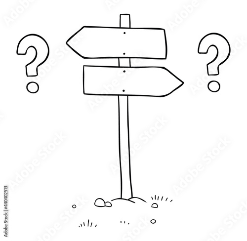 Cartoon vector illustration of wooden road sign. inability to make decisions about the left and right sides