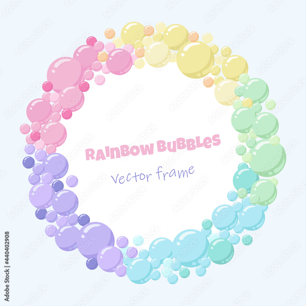 Vector pastel rainbow colors round frame of baloons or bubbles. Great template for greeting card and kids party designs.