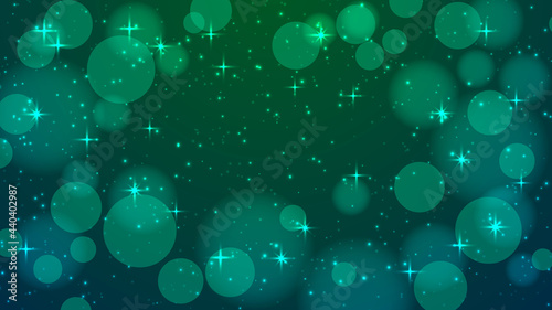 Beautiful festive background 2560 x 1440 pixels in size. Background in blue-green tones with stars, highlights and defocusing effect. Vector design for previews, cards, stickers, covers, banners