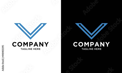 letter v and arrow logo template, modern logo style in blue color.