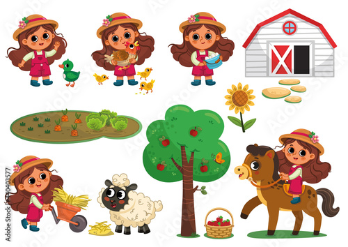 Farmer girl and animals character set on white background. Vector illustration set with farm theme for kids.