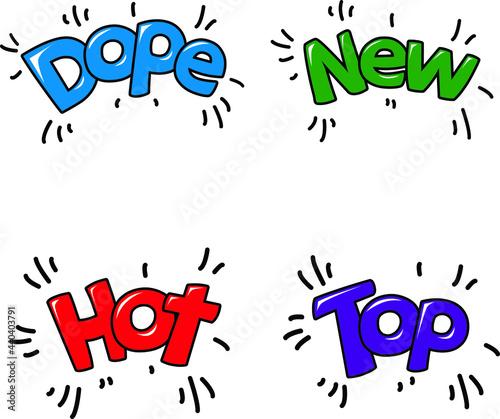 comic style vector illustration stickers dope, new, hot, top