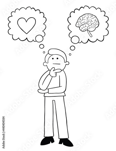 Cartoon man thinks he should listen to his heart or his mind, vector illustration
