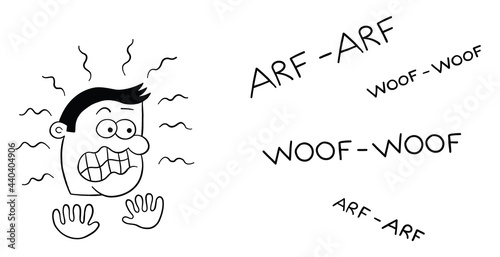 Cartoon man very afraid of dog barking, vector illustration