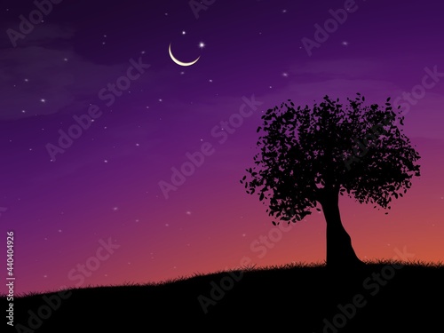A single tree was under the night sky with a crescent moon and stars.  Wallpaper created on tablet, used for illustration, wallpaper or background. © Thida