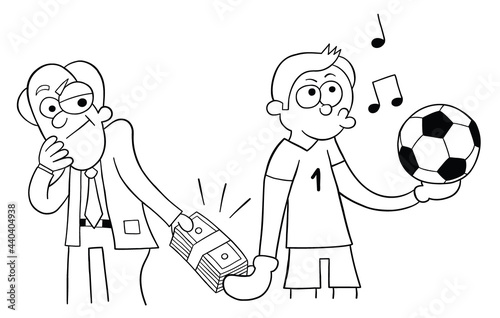Cartoon man offers to bribe the goalkeeper to score a goal, vector illustration