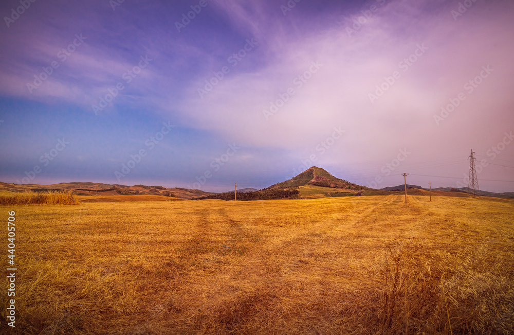 Εκτύπωση καμβά Panorama of Monte Formaggio at Sunset, Mazzarino, Caltanissetta, Sicily, Italy,