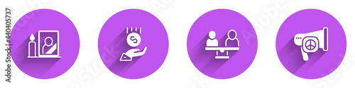 Set Mourning photo frame, Coins on hand - minimal wage, Gender equality and Peace icon with long shadow. Vector