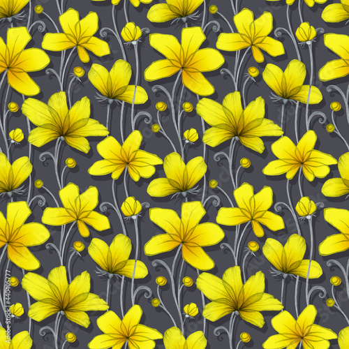 Beautiful yellow flowers on a gray background. Seamless pattern. Floral illustration. Textile. Wallpaper.