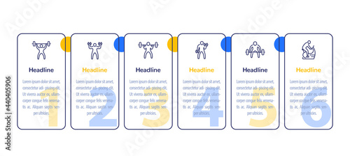Gym training and workout, 6 steps infographic with line fitness icons