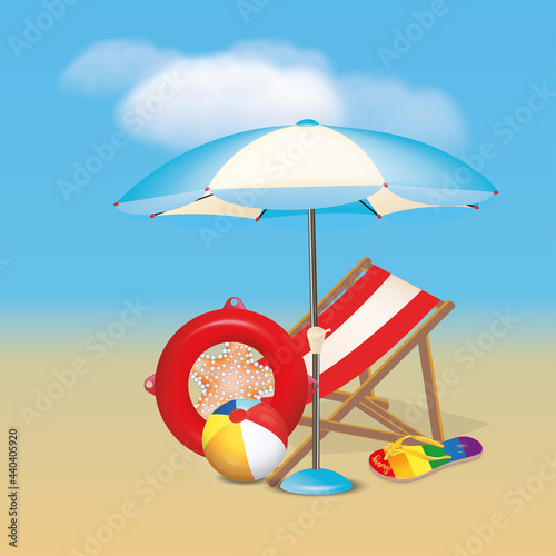 It's summer time seascape vector banner design. Summer seascape background with colorful beach elements like beach ball, umbrella the sand. Vector illustration.