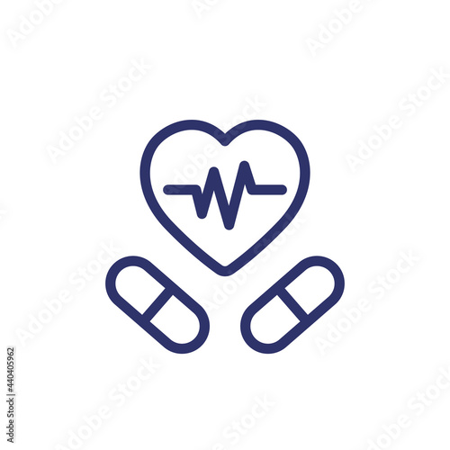 pills for heart, cardiac medication line icon