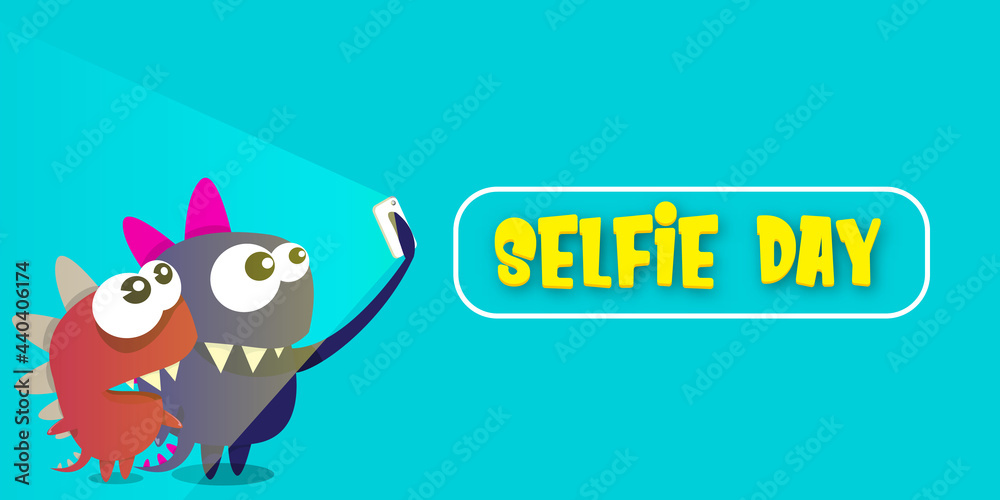 Selfie day horizontal banner with cartoon funny monster taking a selfie isolated on blue background. Selfi day cartoon comic concept poster design tempate Selfie day horizontal banner with cartoon funny monster taking a selfie isolated on blue background. Selfi day cartoon comic concept poster design tempate