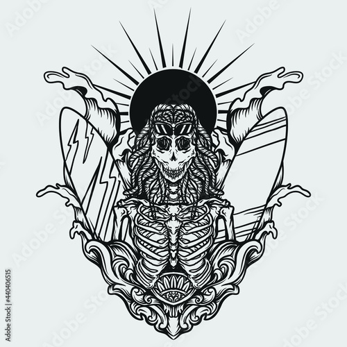 tattoo and t shirt design black and white hand drawn skeleton with surf board