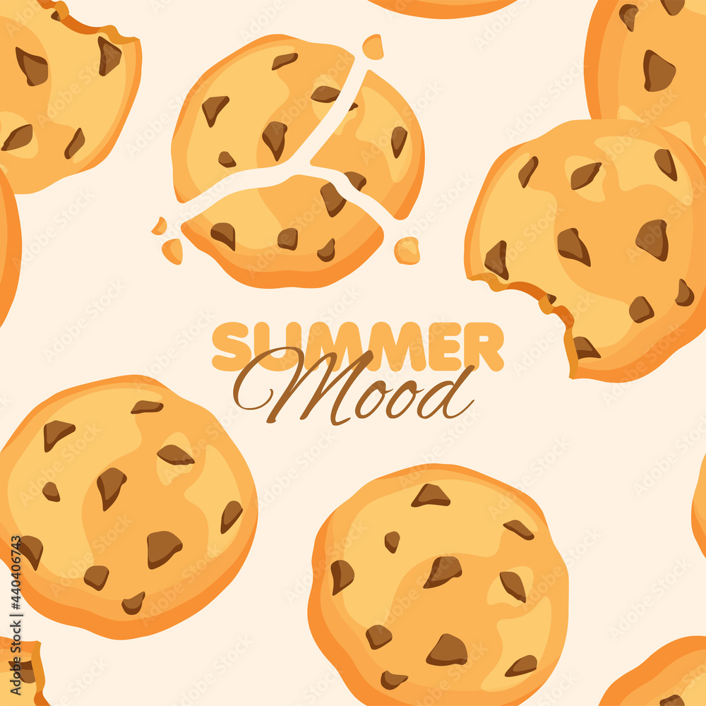 Traditional chip cookies seamless pattern. Bitten and broken cookie with chocolate. Vector illustration isolated. Traditional chip cookies seamless pattern. Bitten and broken cookie with chocolate. Vector illustration isolated.