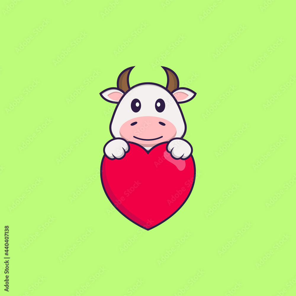Fototapeta premium Cute cow holding a big red heart. Animal cartoon concept isolated. Can used for t-shirt, greeting card, invitation card or mascot. Flat Cartoon Style