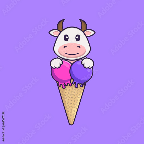 Cute cow with sweet ice cream. Animal cartoon concept isolated. Can used for t-shirt, greeting card, invitation card or mascot. Flat Cartoon Style