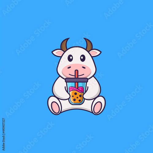 Wallpaper Mural Cute cow Drinking Boba milk tea. Animal cartoon concept isolated. Can used for t-shirt, greeting card, invitation card or mascot. Flat Cartoon Style Torontodigital.ca