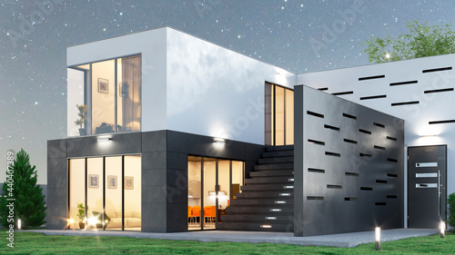 Exterior of modern living modular house at night. 3d illustration