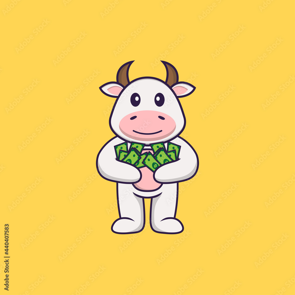 Cute cow holding money. Animal cartoon concept isolated. Can used for t-shirt, greeting card, invitation card or mascot. Flat Cartoon Style