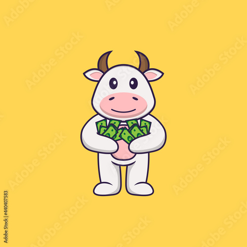 Cute cow holding money. Animal cartoon concept isolated. Can used for t-shirt, greeting card, invitation card or mascot. Flat Cartoon Style