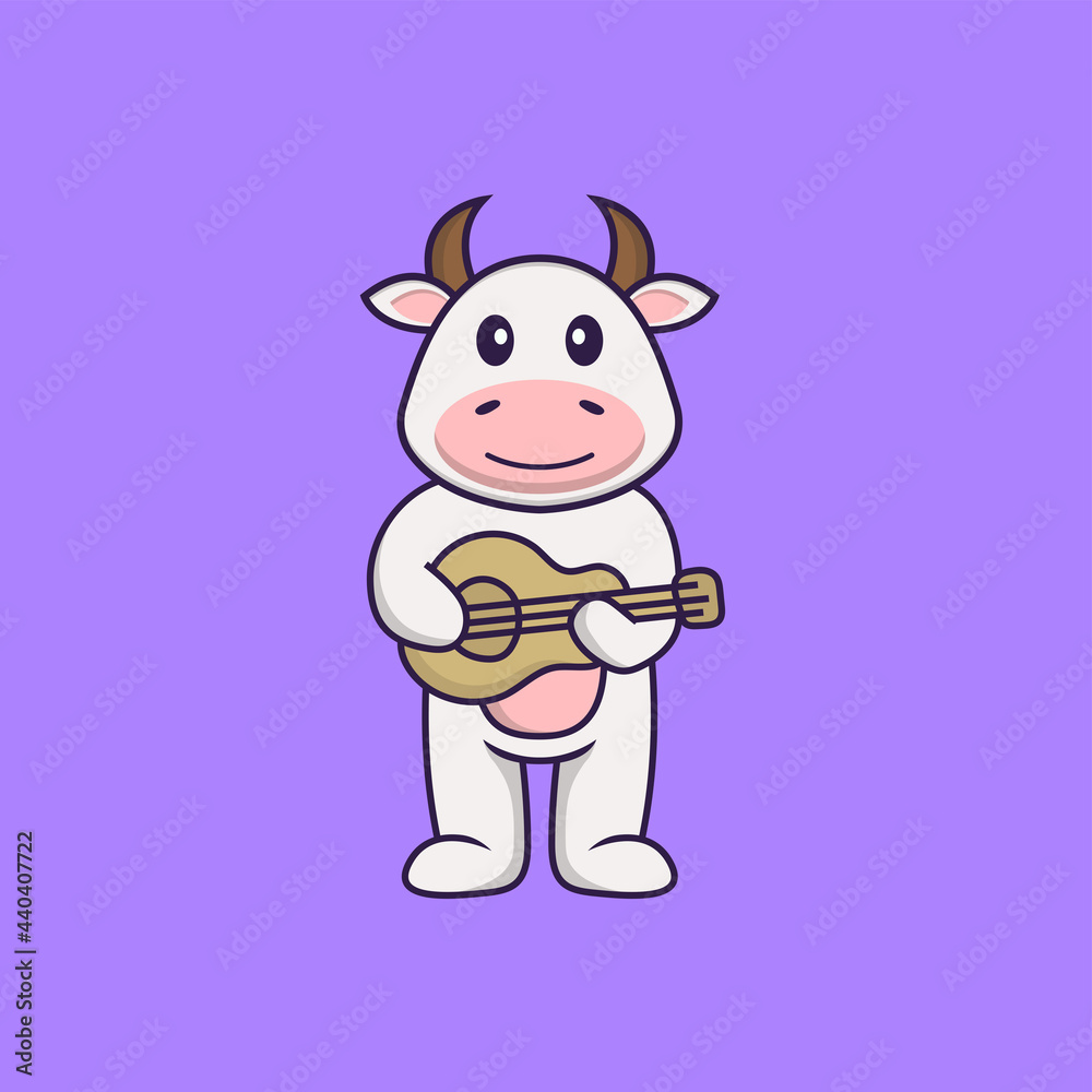 Cute cow playing guitar. Animal cartoon concept isolated. Can used for t-shirt, greeting card, invitation card or mascot. Flat Cartoon Style