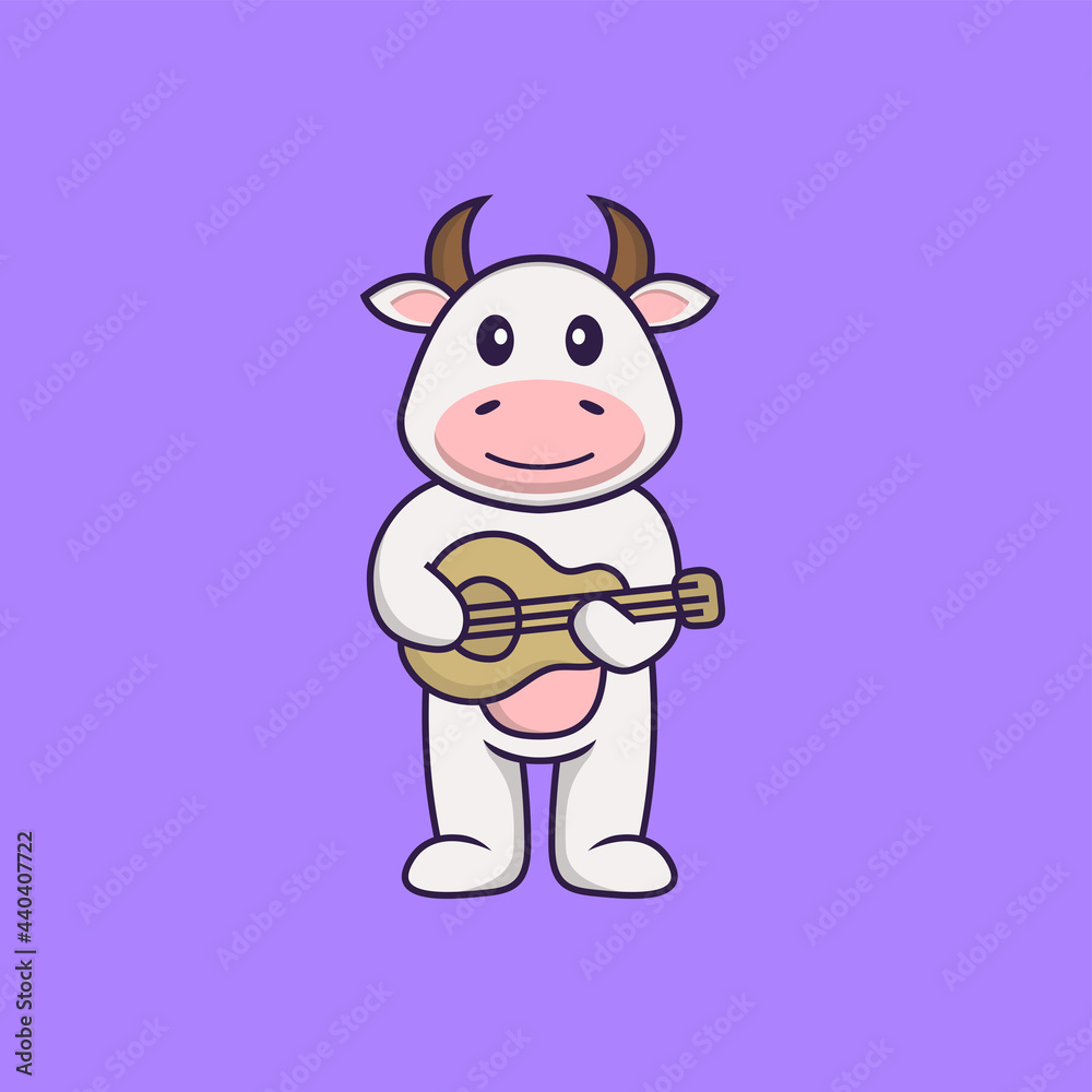 Cute cow playing guitar. Animal cartoon concept isolated. Can used for t-shirt, greeting card, invitation card or mascot. Flat Cartoon Style Cute cow playing guitar. Animal cartoon concept isolated. Can used for t-shirt, greeting card, invitation card or mascot. Flat Cartoon Style