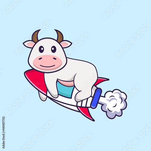 Cute cow flying on rocket. Animal cartoon concept isolated. Can used for t-shirt  greeting card  invitation card or mascot. Flat Cartoon Style