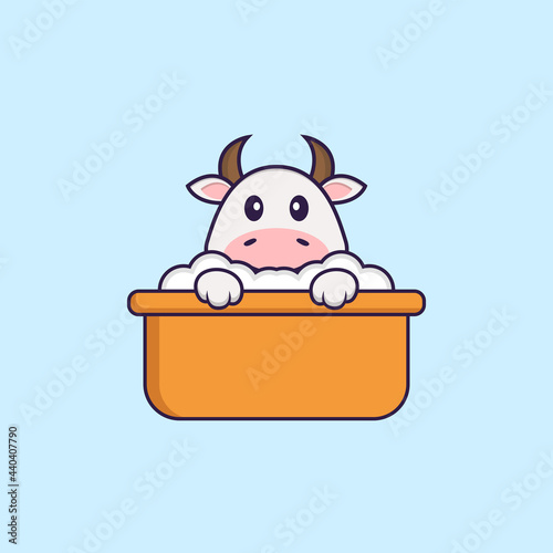 Cute cow taking a bath in the bathtub. Animal cartoon concept isolated. Can used for t-shirt, greeting card, invitation card or mascot. Flat Cartoon Style
