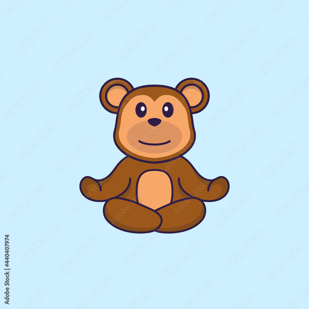 Obraz premium Cute monkey is meditating or doing yoga. Animal cartoon concept isolated. Can used for t-shirt, greeting card, invitation card or mascot. Flat Cartoon Style