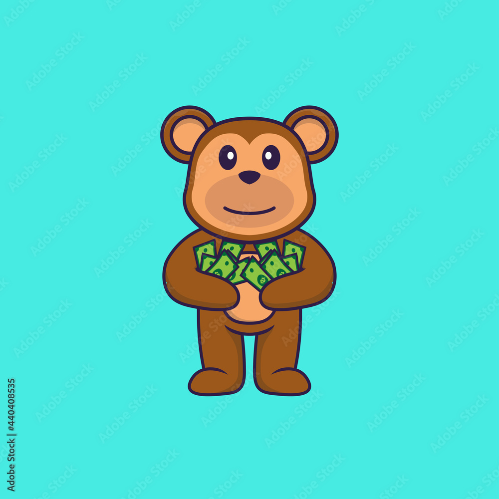 Cute monkey holding money. Animal cartoon concept isolated. Can used for t-shirt, greeting card, invitation card or mascot. Flat Cartoon Style Cute monkey holding money. Animal cartoon concept isolated. Can used for t-shirt, greeting card, invitation card or mascot. Flat Cartoon Style