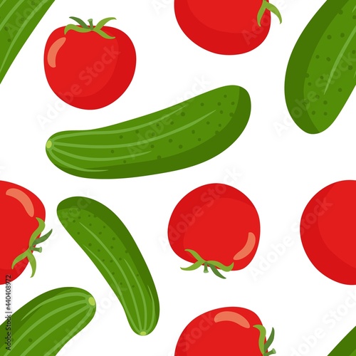 Cucumbers and tomatos Seamless pattern. Fresh farm vegetables. Ingredients for cooking. Green, red Flat design for menu, cafe, restaurant digital paper, wallpaper, textile fabric, wrapping paper.