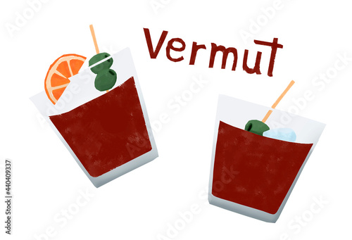Dibujo de dos vermuts en un vaso de cristal. Rodaja de naranja, olivas y hielo. Típica bebida aperitivo española. Hora del vermut
