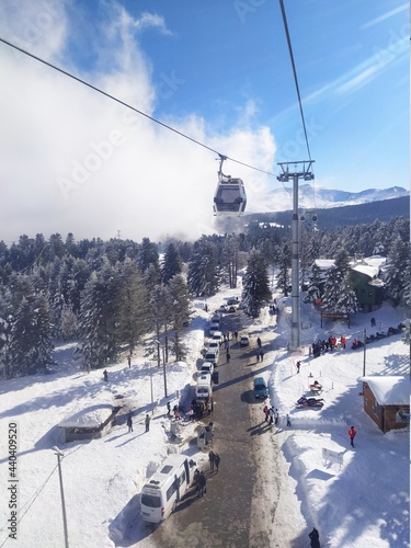 ride the cable car and see lots of people and cars underneath in winter