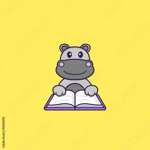 Cute hippopotamus reading a book. Animal cartoon concept isolated. Can used for t-shirt, greeting card, invitation card or mascot. Flat Cartoon Style