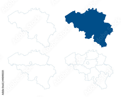 Belgium map vector. High detailed vector outline, blue silhouette, three regions map and ten provinces. All isolated on white background. Template for website, design, cover, infographics