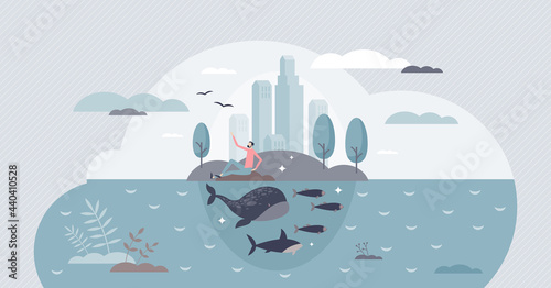 Clean environment and sustainable climate conservation tiny person concept. Earth protection or nature preservation with marine life respect in urban city vector illustration. Water ecology care scene