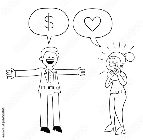 Cartoon man says he has a lot of money and she falls in love with him, vector illustration
