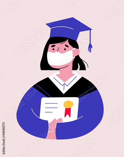 Flat illustration of a graduate in a mask, gown and cap of a graduate with a document of education with a seal