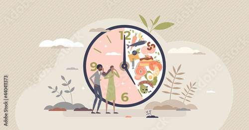 Intermittent fasting with time window for food eating tiny person concept. Healthy habit for weight loss and sugar balance with regular interval for feeding vector illustration. Avoid evening calories photo