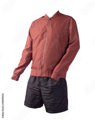 mens bomber jacket sports shorts isolated on white background. fashionable casual wear photo