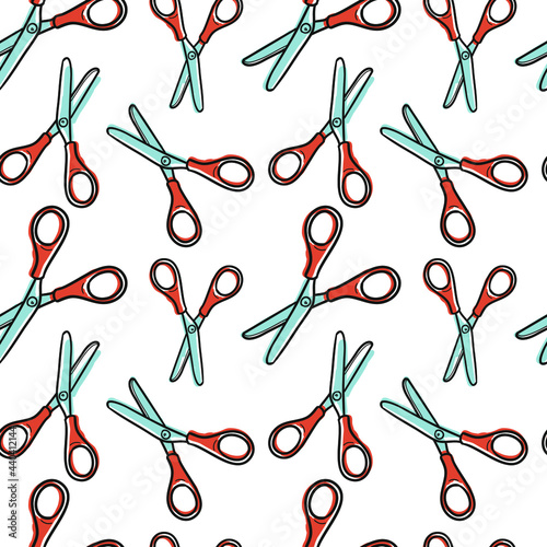 Scissors Icon Emoji Pattern. Cut Tool Seamless Background Symbols. Doodle Emoticon Illustration Design Vector.