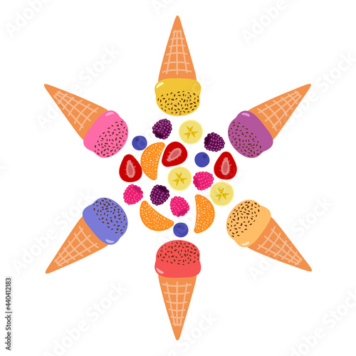 Vector collection of colorful ice cream of different flavors: strawberry, tangerine, blueberry, raspberry, blackberry, banana. Illustration on white background.
