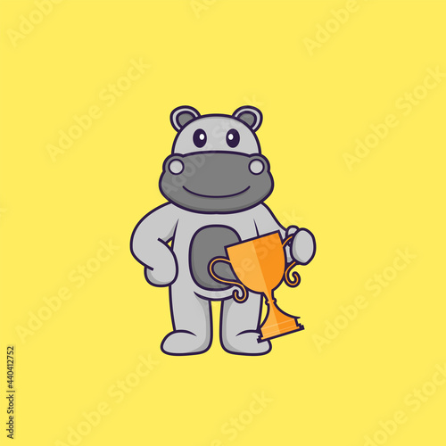 Cute hippopotamus holding gold trophy. Animal cartoon concept isolated. Can used for t-shirt, greeting card, invitation card or mascot. Flat Cartoon Style