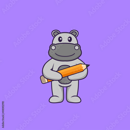 Cute hippopotamus holding a pencil. Animal cartoon concept isolated. Can used for t-shirt, greeting card, invitation card or mascot. Flat Cartoon Style