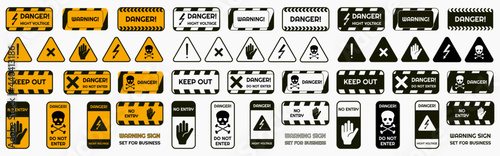Signs warning of the danger - fire, high voltage, toxic, temperature. Caution Warning Sign Sticker. Editable vector stroke. Set of warning signs for attention and caution. Danger notice vector photo