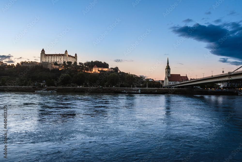 Bratislava Castle and Bridge from Danube River