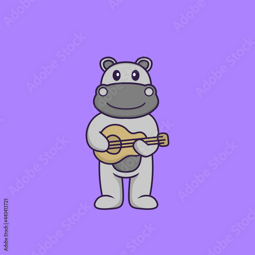 Cute hippopotamus playing guitar. Animal cartoon concept isolated. Can used for t-shirt, greeting card, invitation card or mascot. Flat Cartoon Style